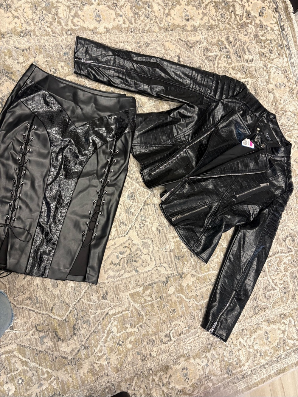 AKIRA Black Faux Leather Moto Jacket with Croc Texture